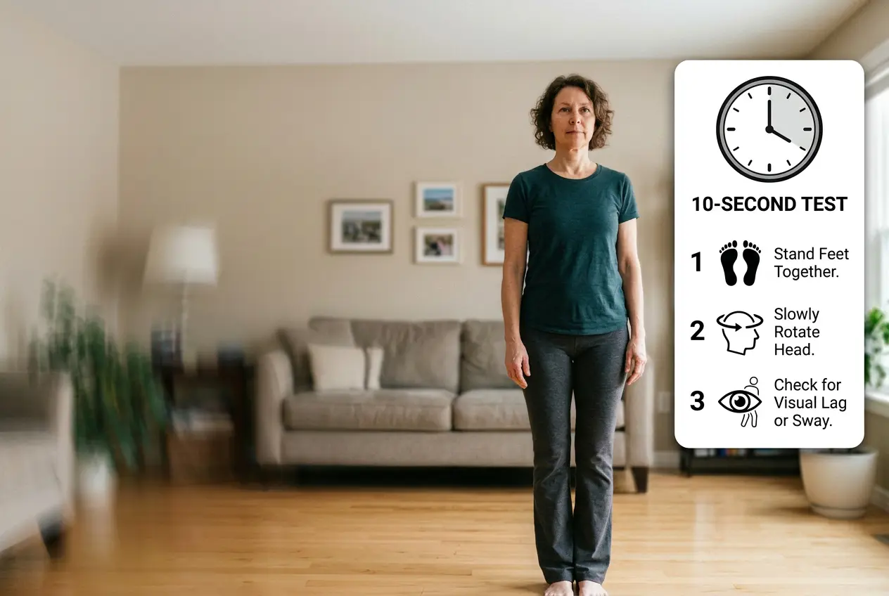A woman performing a home balance assessment step-by-step to test for neck related dizziness when turning head triggers and upper cervical proprioceptor lag