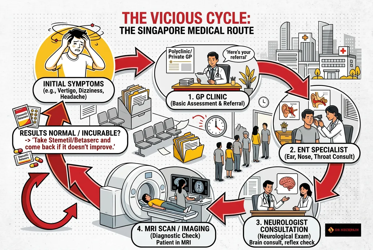 Flowchart of the frustrating Singapore medical route for chronic unsteadiness where a patient loops through a polyclinic GP, ENT specialist, and neurologist only for normal MRI results to miss structural neck alignment issues and structural correction.