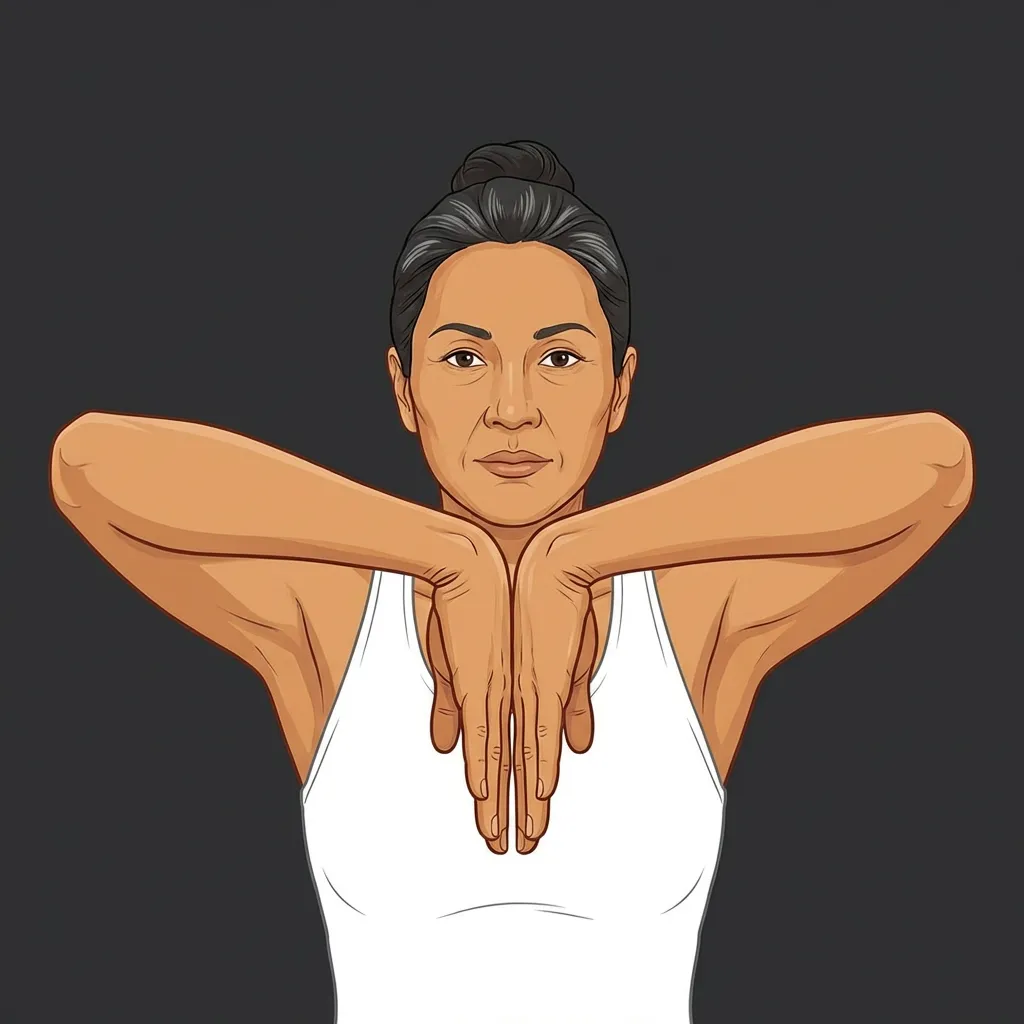 Anatomical illustration of a woman performing a hands-down reverse prayer stretch(the Phalen’s test) to self-test for thoracic outlet syndrome and hand numbness in Singapore