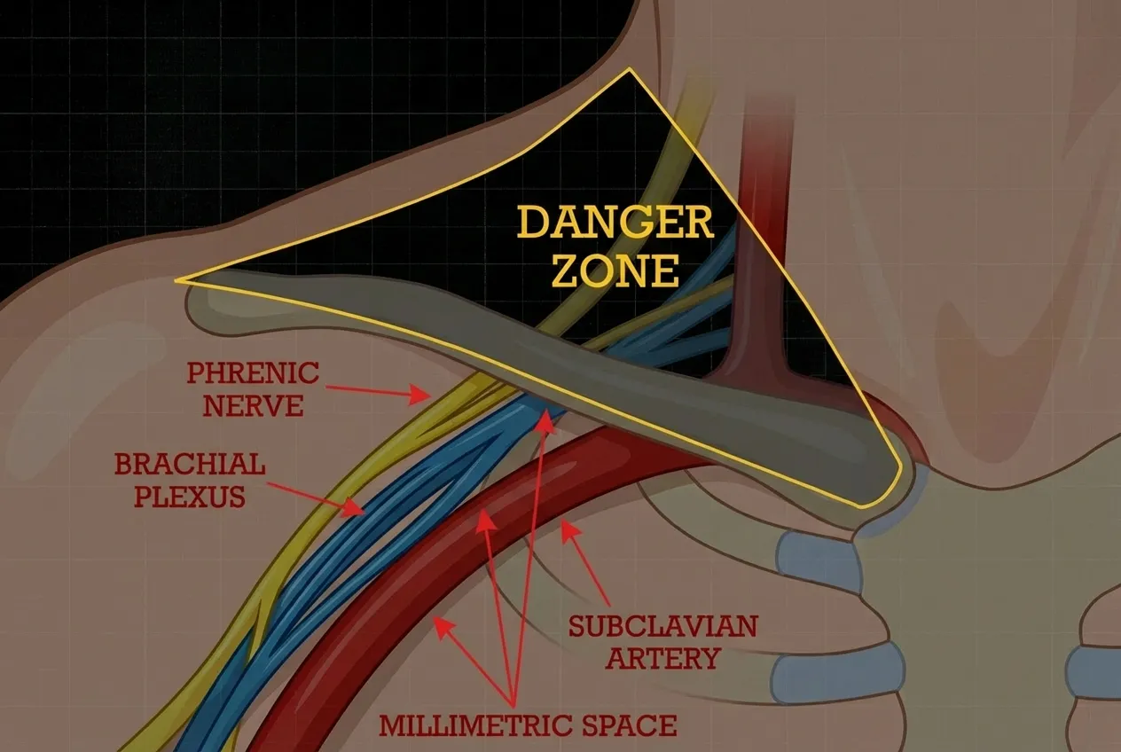 Anatomy diagram highlighting the cervical danger zone (supraclavicular zone) where the brachial plexus, phrenic nerve, and subclavian artery face compression in a millimetric space