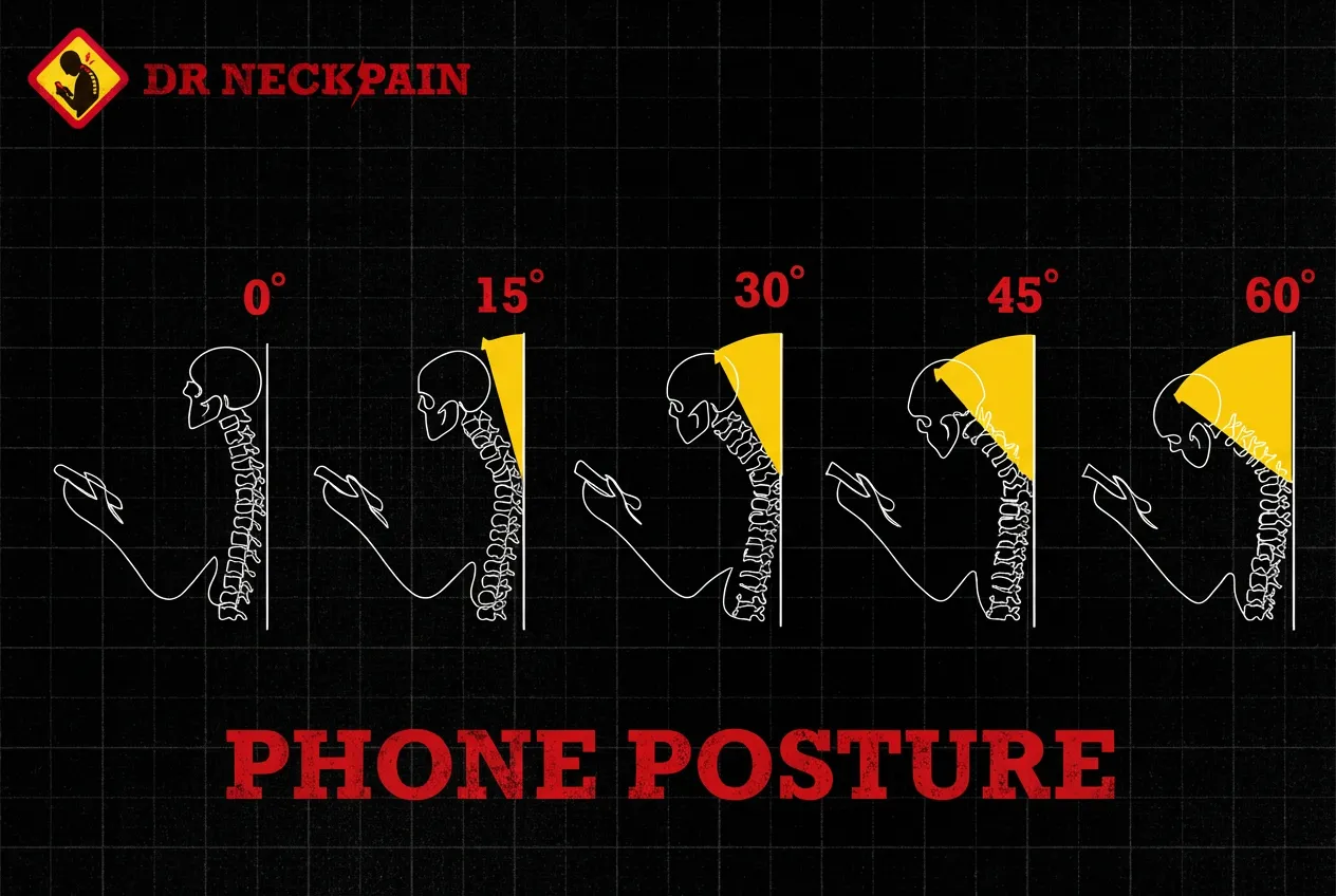 Diagram comparing a healthy neck vs. Text Neck (Anterior Head Carriage), showing how a 1-inch forward shift creates 27kg of pressure on the C7 vertebrae, leading to Office Syndrome and Dowager's Hump