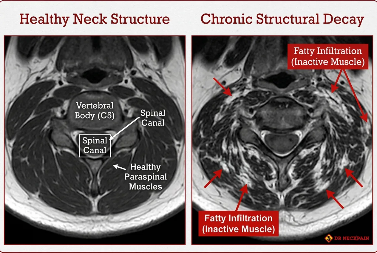 MRI cross-section comparison showing healthy cervical muscles vs fatty infiltration in a patient with chronic Office Syndrome in Singapore
