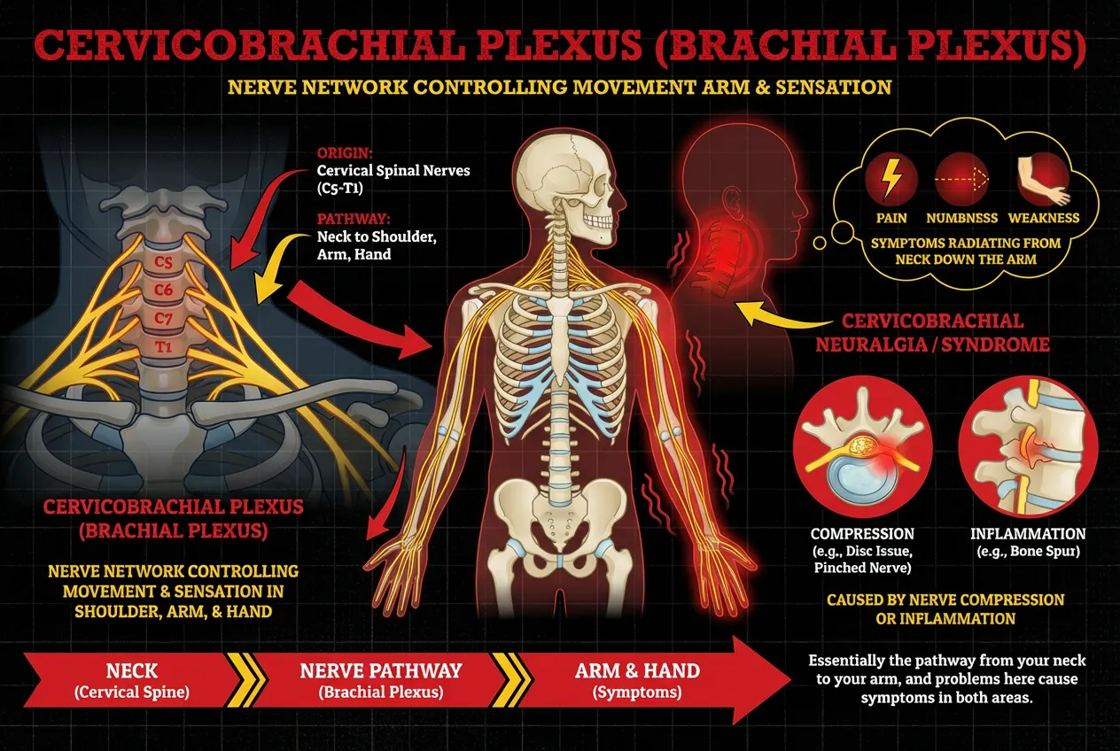 Medical diagram showing how cervical spine misalignment (Joint Locking) causes referred pain in the trapezius and shoulder blade. Illustrates the 'fuse box' concept where C5-C7 neck issues create chronic muscle knots in the upper back