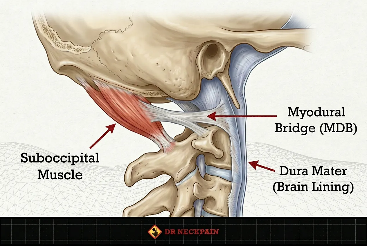Anatomy diagram of the Myodural Bridge showing the physical connection between suboccipital neck muscles and the brain's dura mater lining