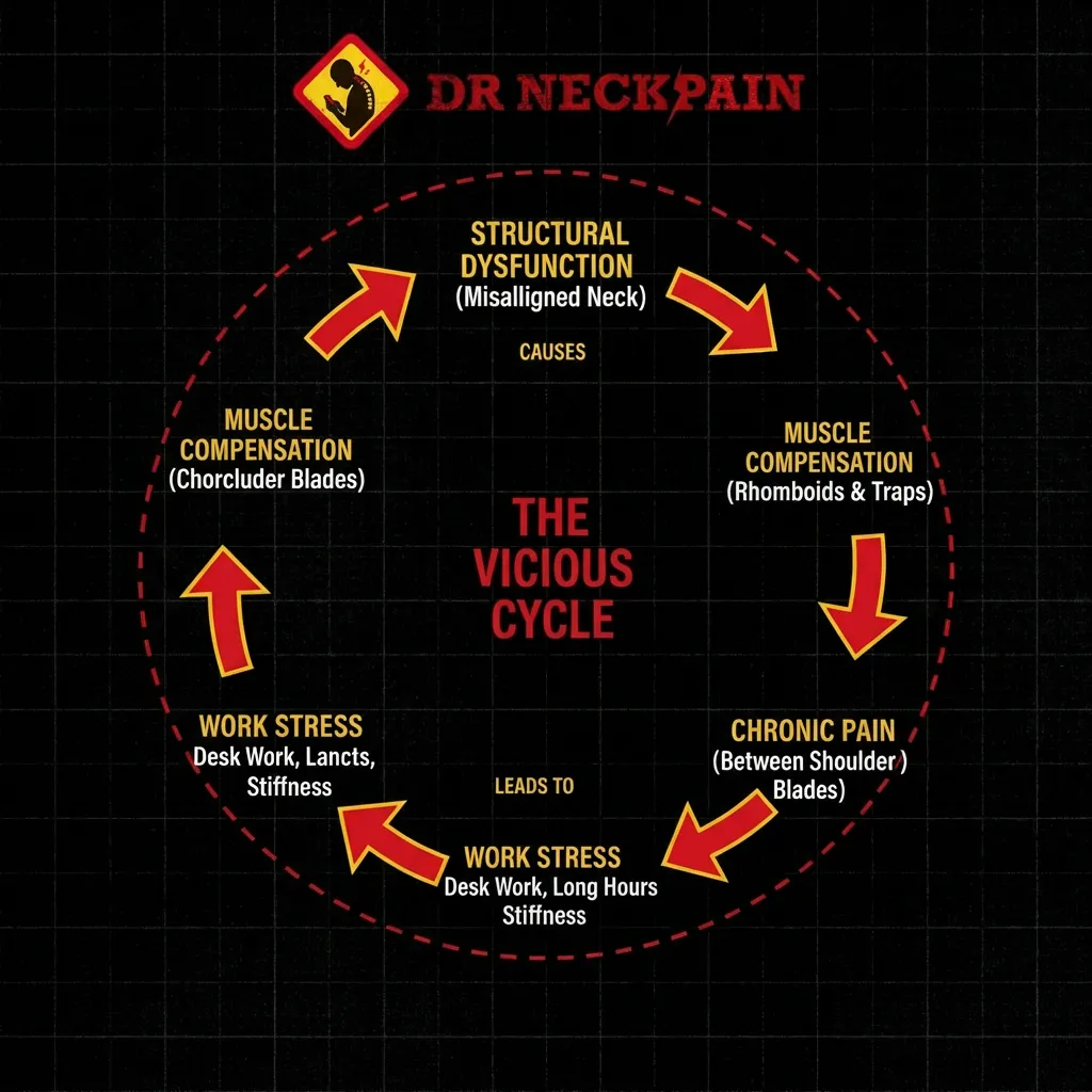 Infographic showing the vicious cycle of upper back pain: from structural dysfunction and muscle compensation to chronic shoulder blade pain and work stress
