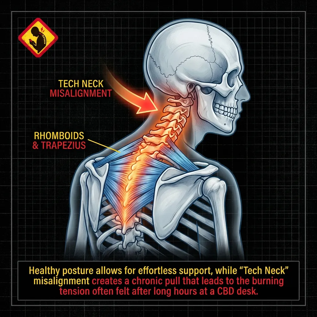 Medical illustration of Tech Neck misalignment showing how cervical spinal shifts create chronic pull on the rhomboids and trapezius muscles in Singapore CBD professionals