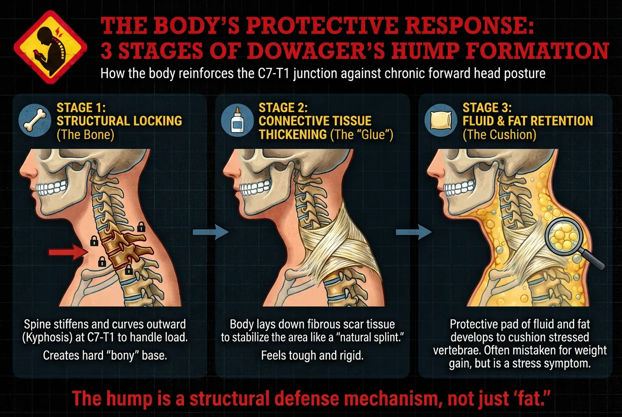 Medical diagram illustrating the 3 stages of Dowager's Hump (Neck Hump) formation caused by chronic forward head posture common in Singapore. It shows C7-T1 structural locking, connective tissue thickening as a splint, and protective fat retention as a cushion