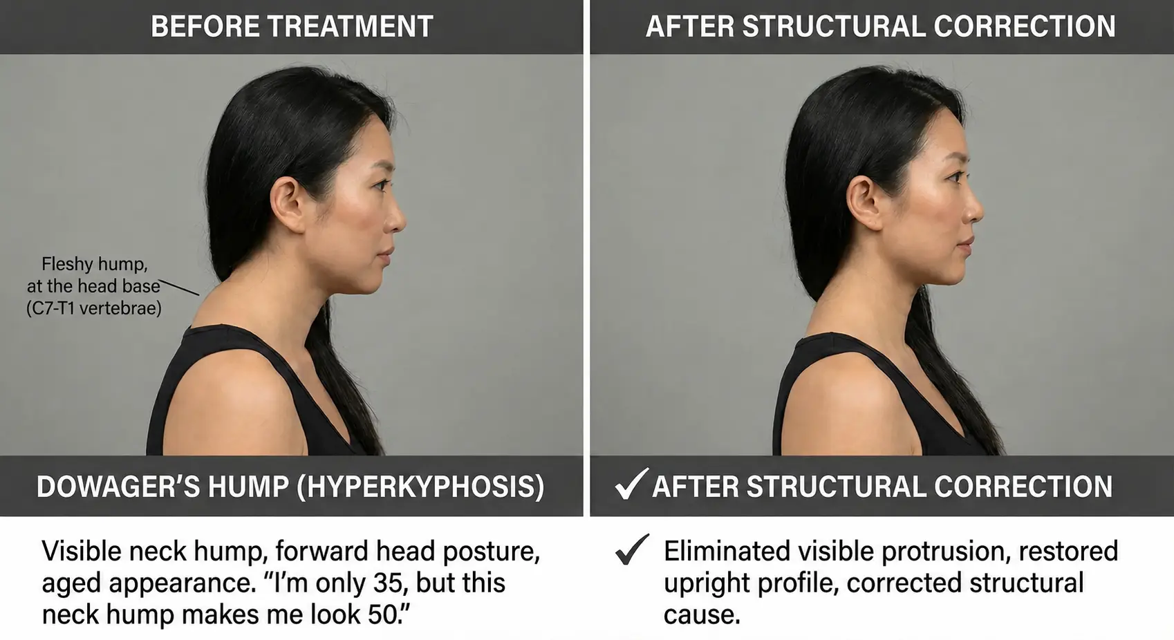 Before and after profile photos of a 35-year-old female patient showing structural correction of a prominent Dowager's Hump and hyperkyphosis in Singapore