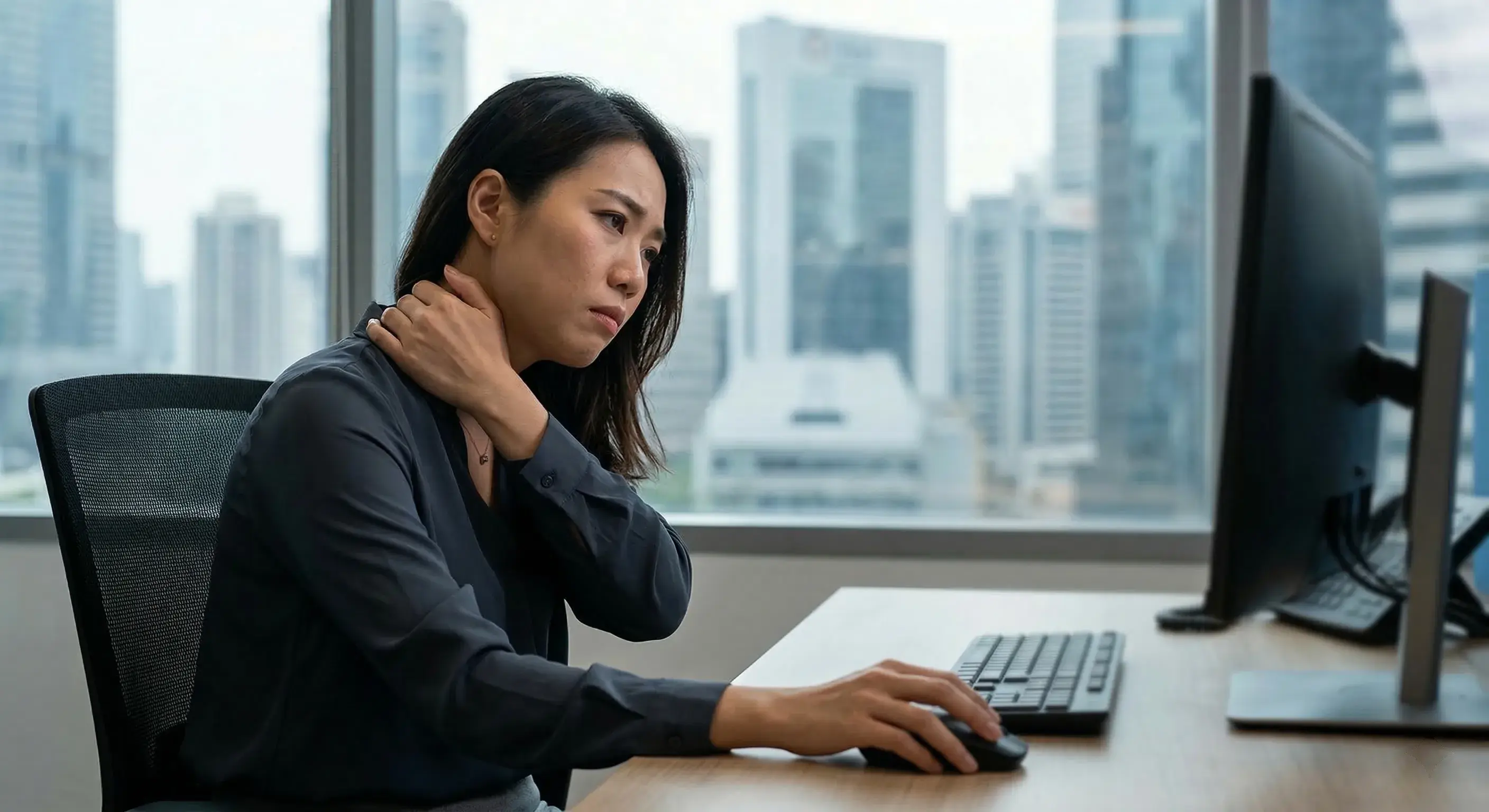 A female office professional experiencing chronic neck pain and upper back tension at a desk in a Singapore CBD office, a common cause of Dowager's Hump