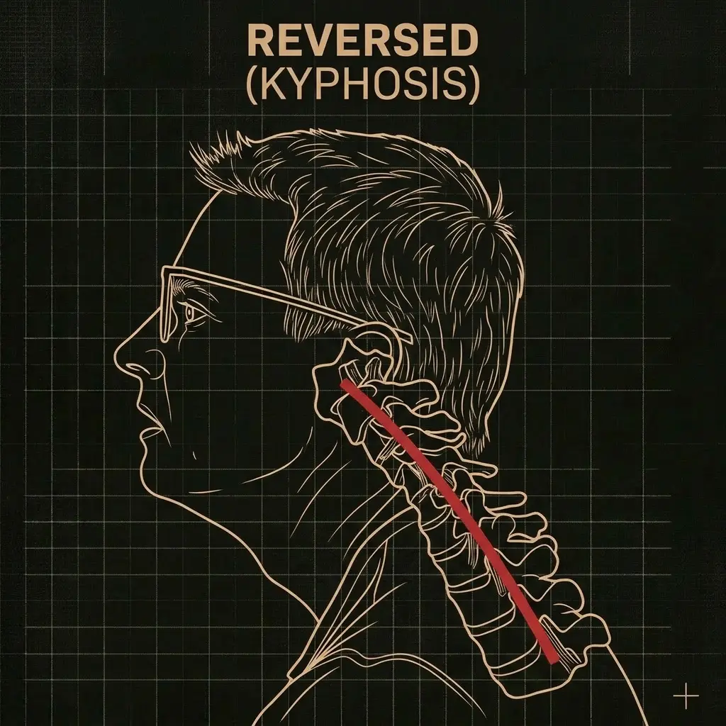 Profile line drawing illustration of forward head posture showing cervical kyphosis reversed neck curve compression on balance nerves caused by prolonged screen time