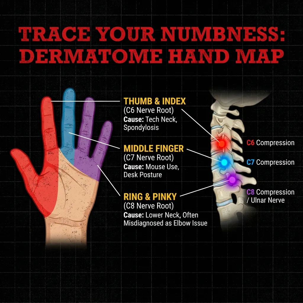 A structural correction dermatome map linking finger numbness to specific cervical vertebrae. Numbness in the thumb and index finger is traced to C6 nerve root compression (Tech Neck), middle finger numbness to C7 (Mouse Arm), and ring/pinky numbness to C8 nerve root, often misdiagnosed as an elbow issue.