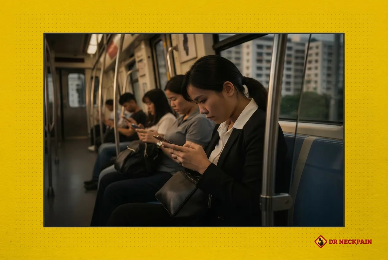 Photo of a busy Singapore professional on the MRT commuter train, exemplifying the "MRT Hunch" (Text Neck) posture. She looks down at her phone, stretching the cervical spine, which causes local Singaporeans to experience "Semut-semut" or "pins and needles" sensations in the fingers, indicative of a mechanical pinched nerve in the neck rather than just anxiety.