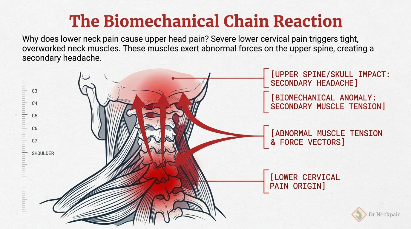 Biomechanical chain reaction showing how lower neck pain causes head pain