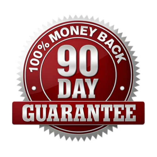 Red and silver badge reading 100% money back 90 day guarantee.