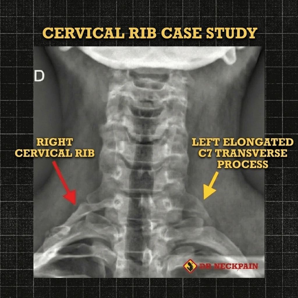 Cervical spine X-ray case study from Dr Neck Pain clinic in Singapore showing a right cervical rib anomaly and a left elongated C7 transverse process