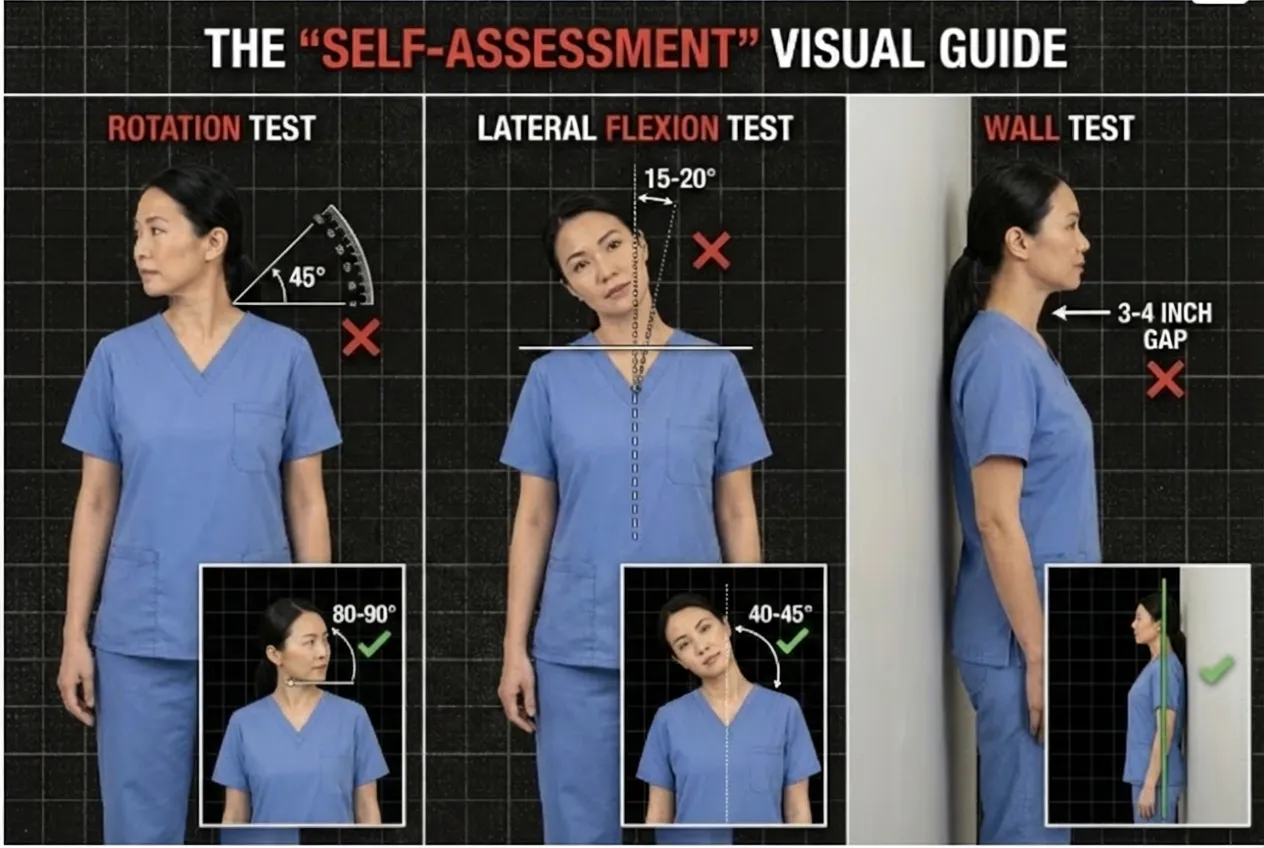 Self-assessment visual guide for whiplash and neck mobility showing rotation, lateral flexion, and wall tests used by neck pain specialists in Singapore
