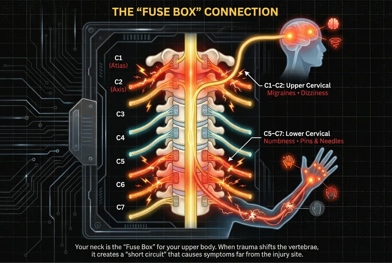 Anatomical diagram of the cervical spine fuse box connection showing how C1 to C7 nerve compression triggers migraines, dizziness, and arm numbness
