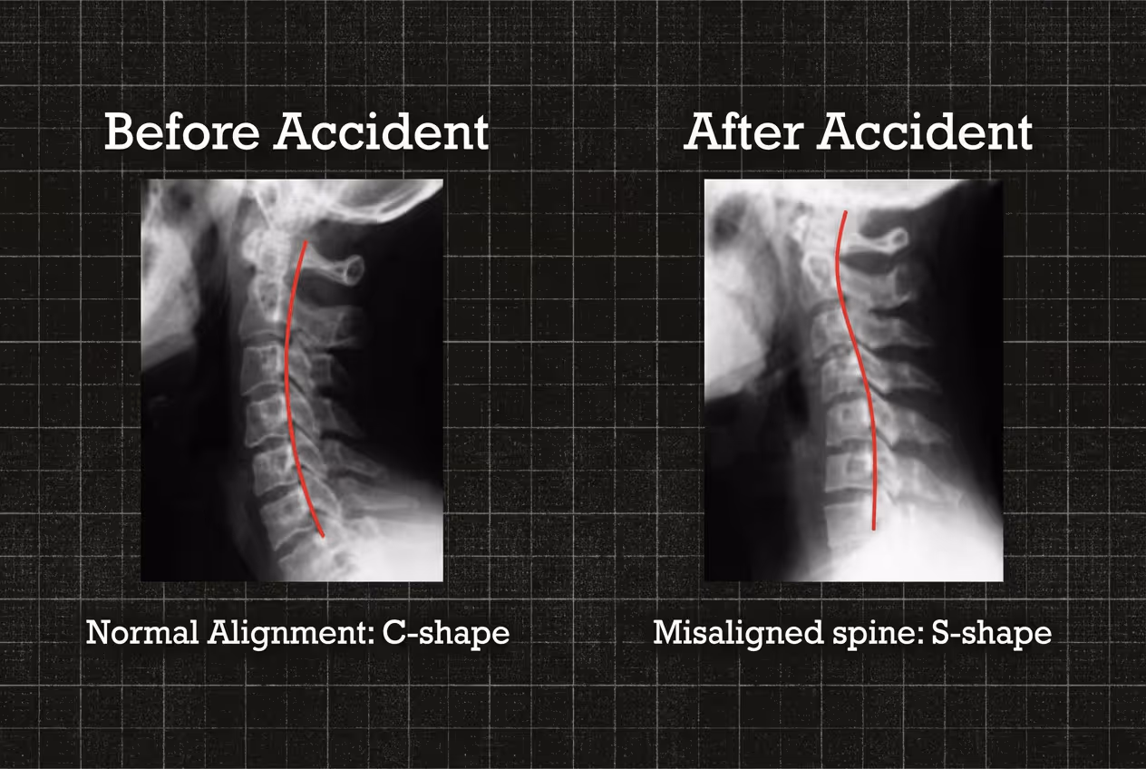 Cervical spine X-ray comparison before and after a car accident, showing normal C-shape alignment versus abnormal S-shape whiplash injury misalignment