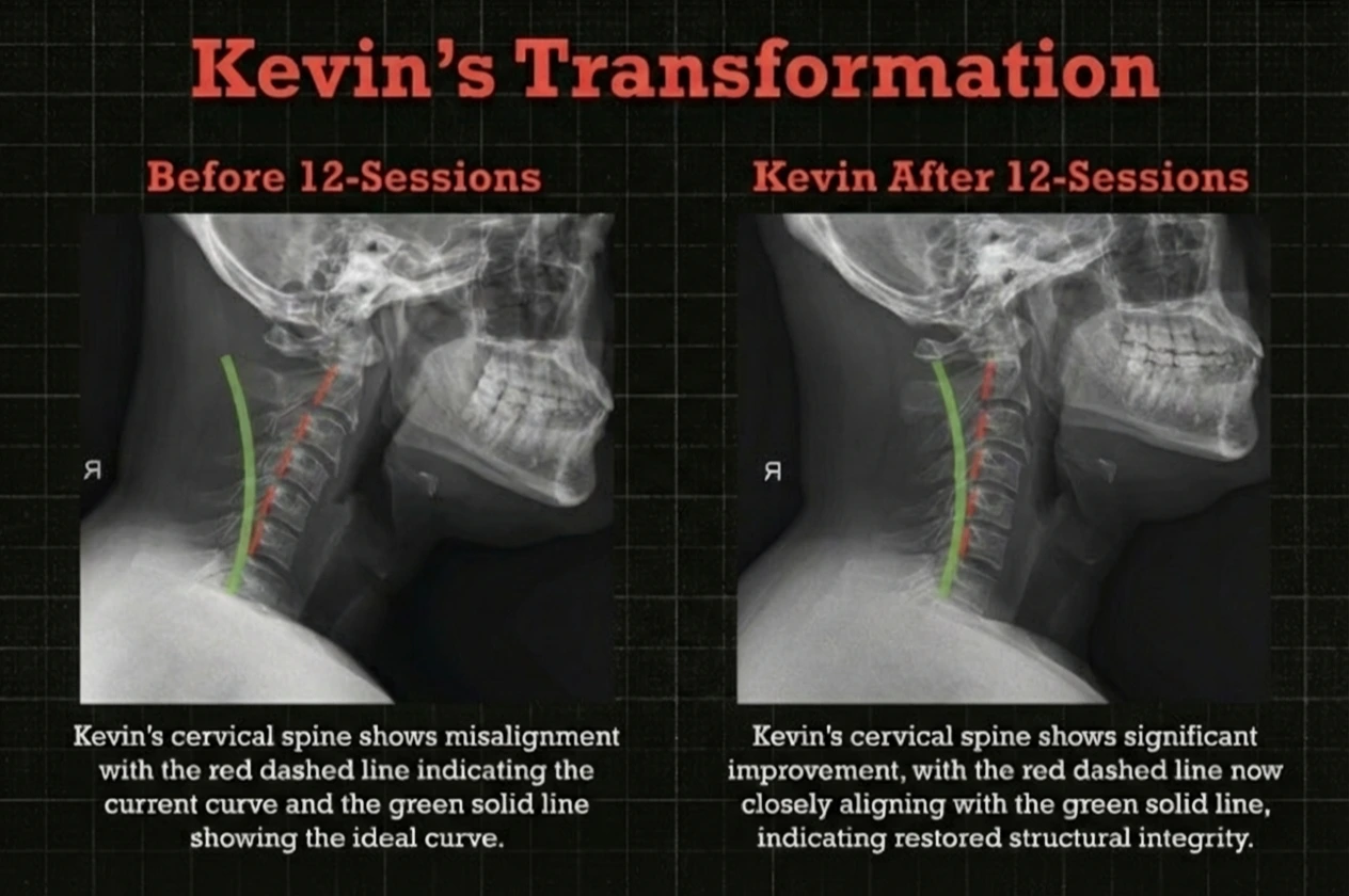Side-by-side cervical X-ray alignment comparison showing structural chiropractic treatment results before and after a 12-session corrective care program at Dr Neck Pain Singapore