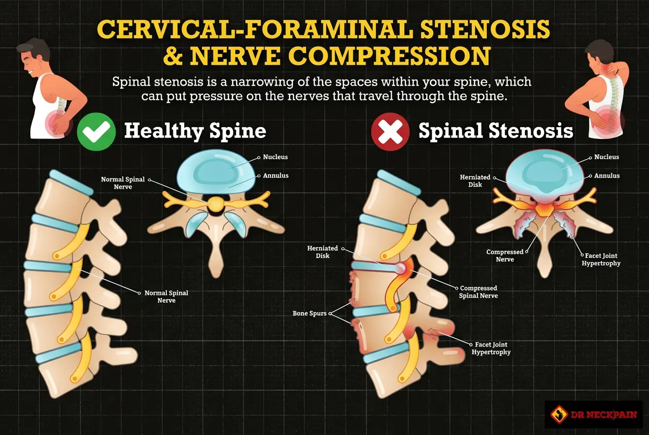 Anatomical diagram of cervical foraminal stenosis showing a bone spur and thinning disc pinching a cervical spinal nerve root, illustrating the source of shooting arm pain and finger numbness