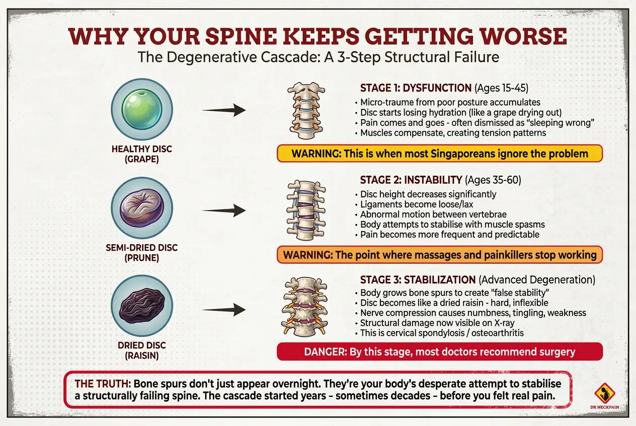 Clinical infographic mapping the three stages of cervical spine decay from early disc desiccation to advanced cervical spondylosis and bone spur stabilization at a Singapore chiropractic clinic[cite: 68, 71, 337]