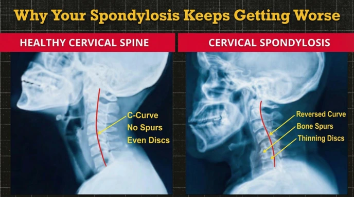 Side-by-side cervical spine X-ray comparison of a normal neck curve versus advanced cervical spondylosis showing a reversed curve, bone spurs, and severe disc space narrowing evaluated at a Singapore chiropractic clinic
