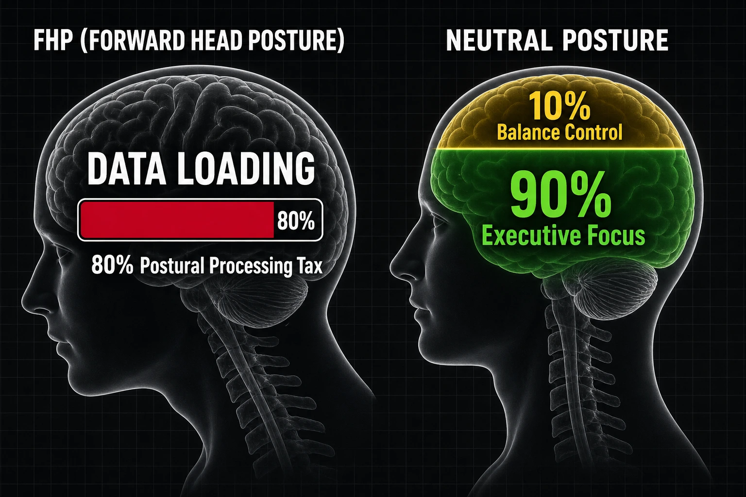 Corticomuscular coherence monitor comparing the high cognitive processing tax of forward head posture against the executive focus of neutral alignment. Posture optimisation in Singapore