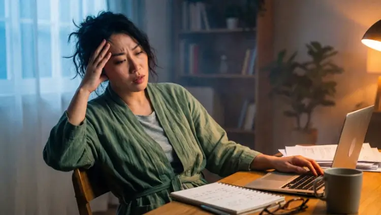 A woman rubbing her temple while working at her laptop, experiencing a frequent headache and lack of concentration.