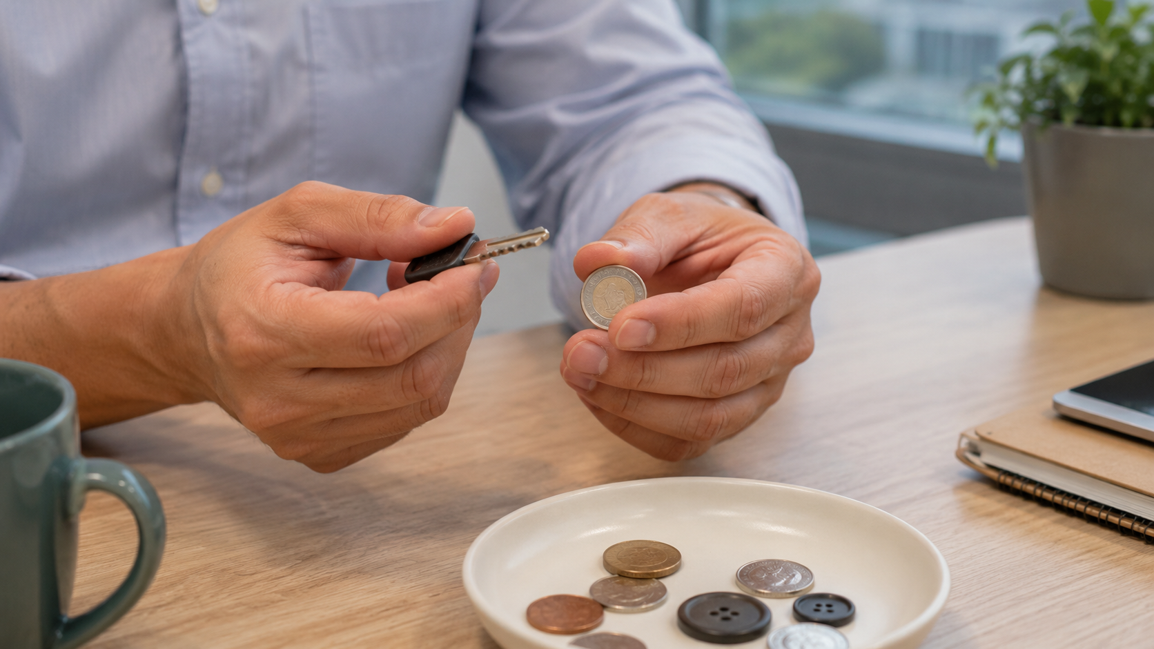 Hands holding a key and a coin to self-test two-point discrimination for cervical myelopathy.