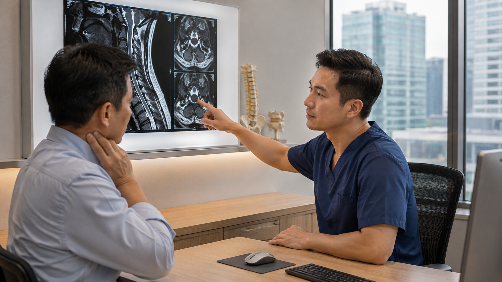 Neck pain specialist in Singapore reviewing a cervical spine MRI with a patient.