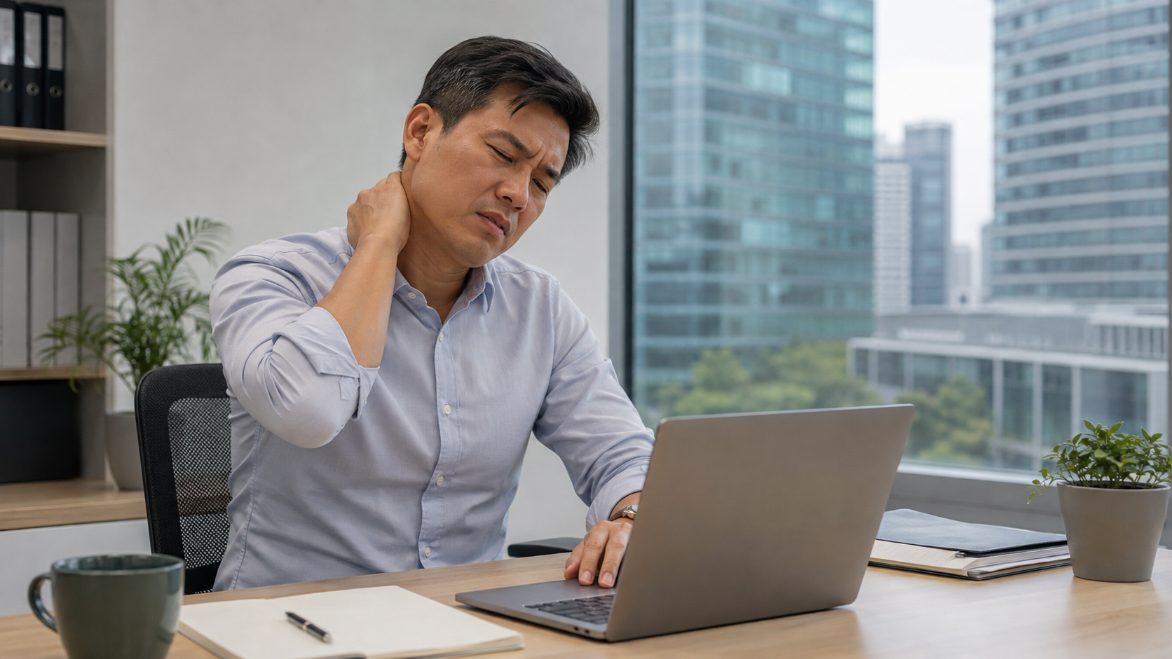 Office worker in Singapore holding his neck in pain at a city-view desk.