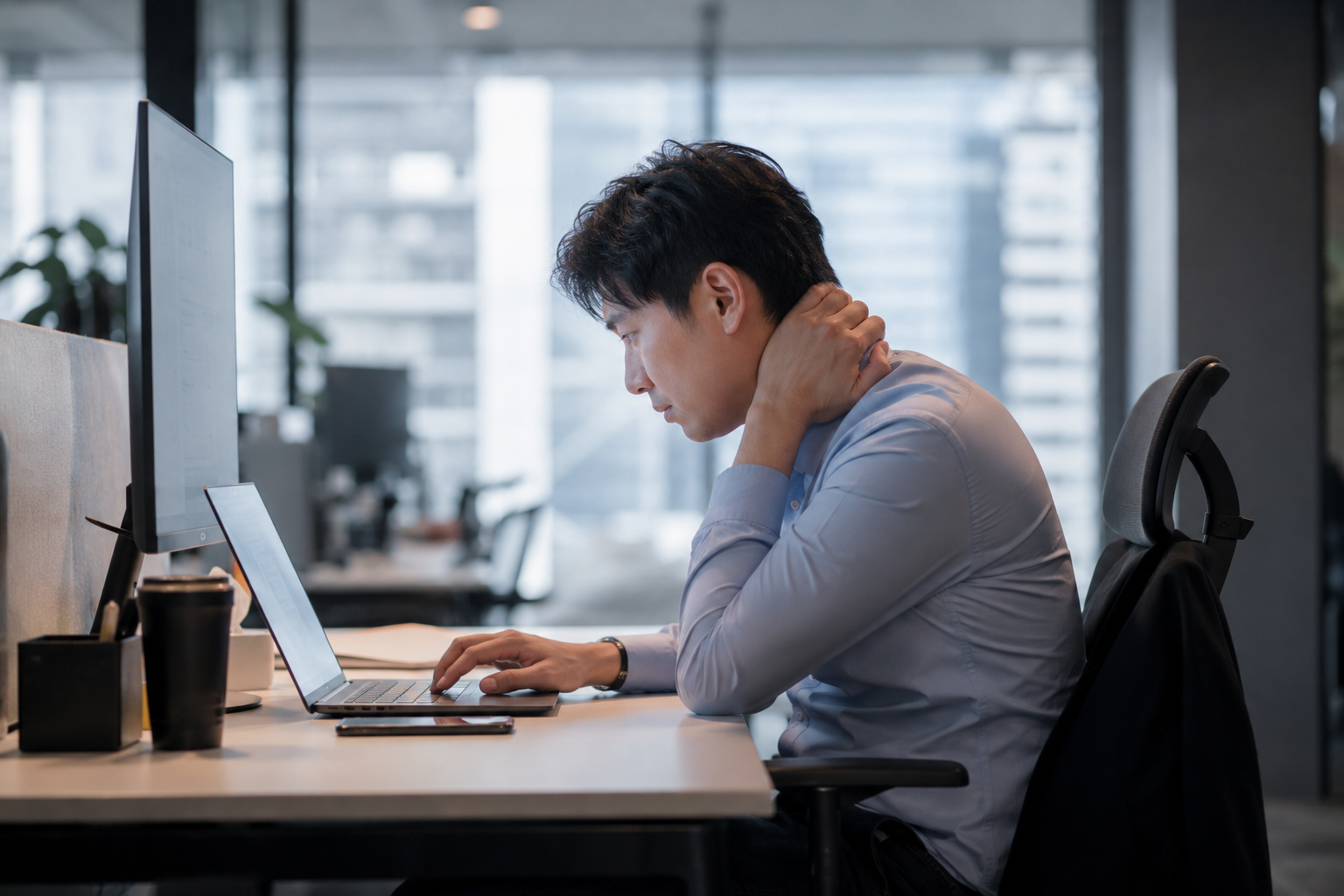 Desk worker with forward head posture and a flattened cervical curve causing chronic neck pain.