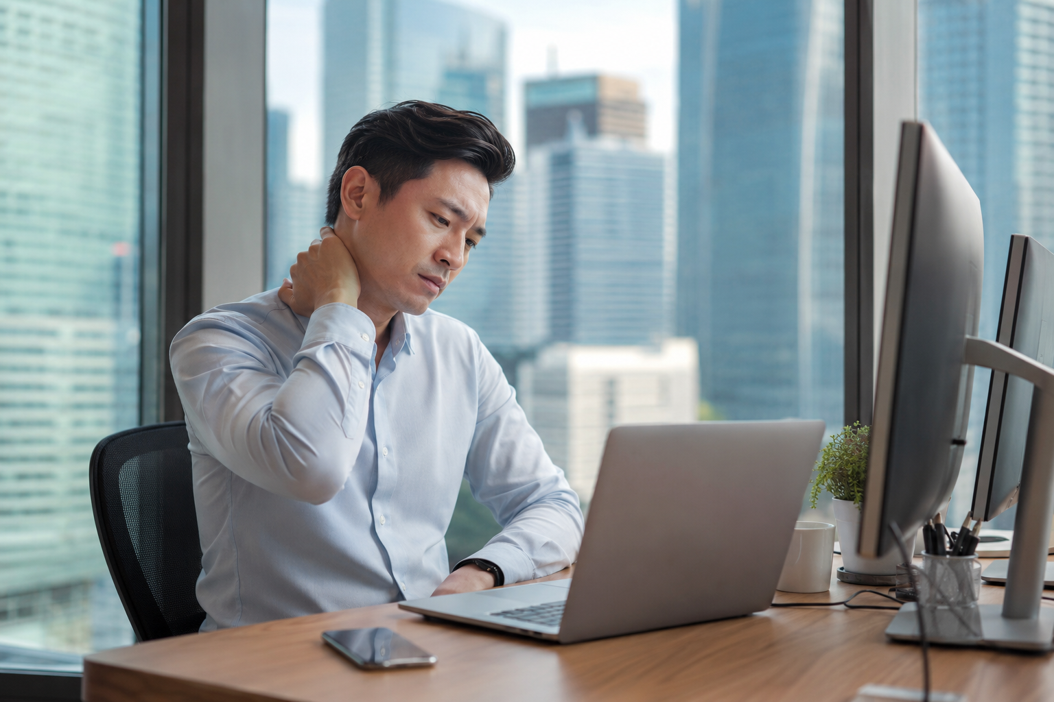 Office worker in Raffles Place, Singapore's CBD, holding their neck in pain at a desk.