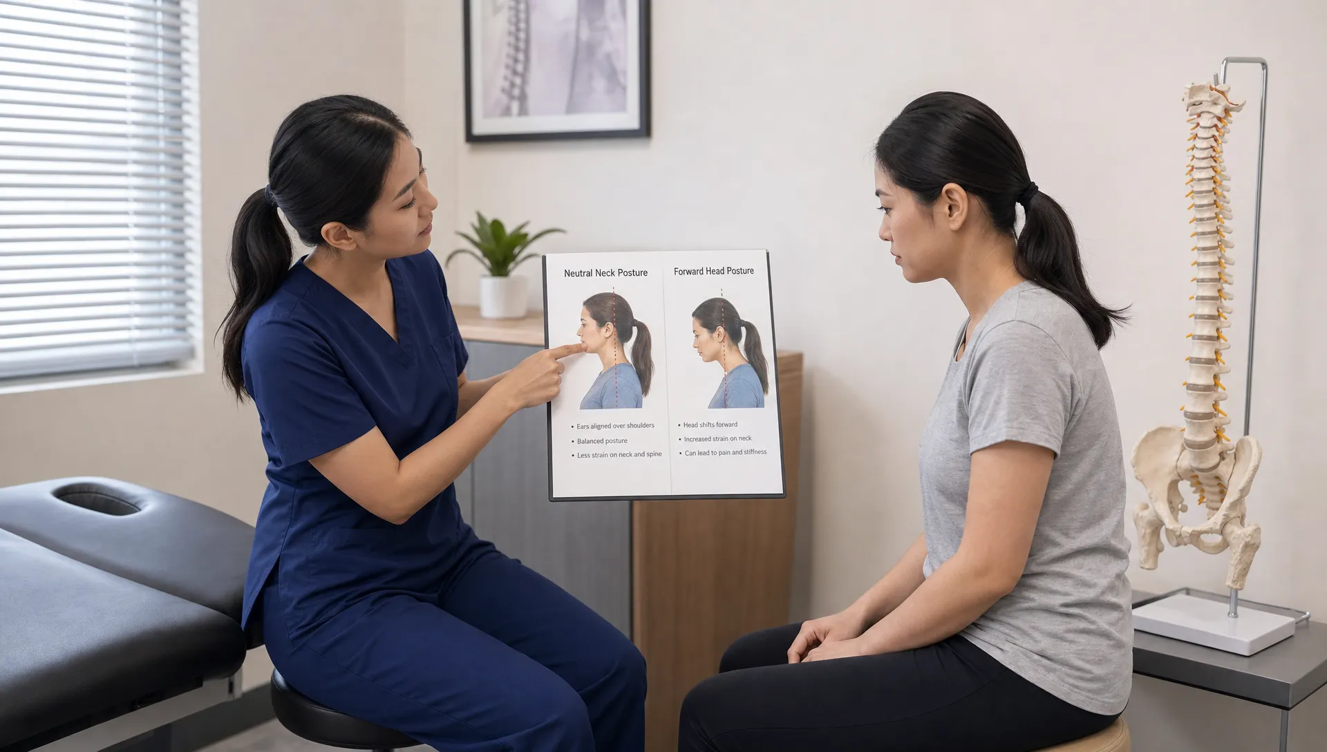 A clinician compares neutral neck posture with forward head posture using a spine model.