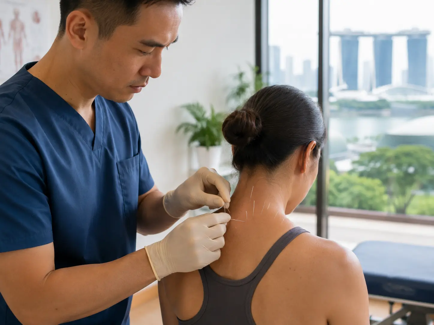 Acupuncture treatment for cervical (neck) pain at a clinic in Singapore.