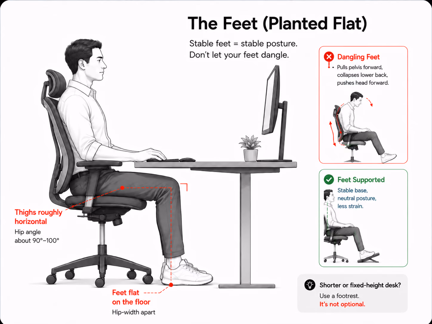 Feet planted flat on the floor, hip-width apart, thighs roughly horizontal.