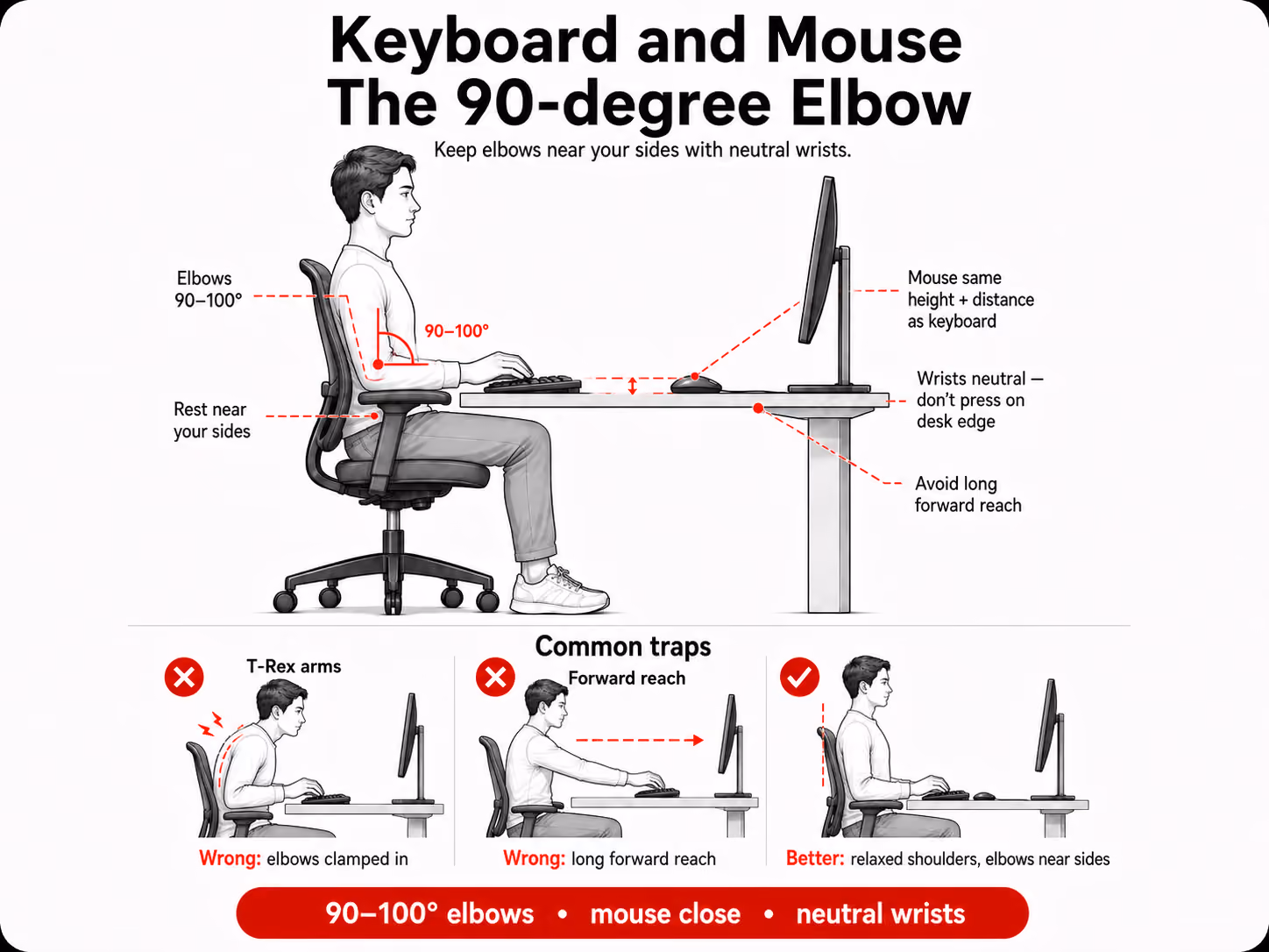 Ergonomic keyboard and mouse setup: elbows at about 90 degrees, wrists neutral.