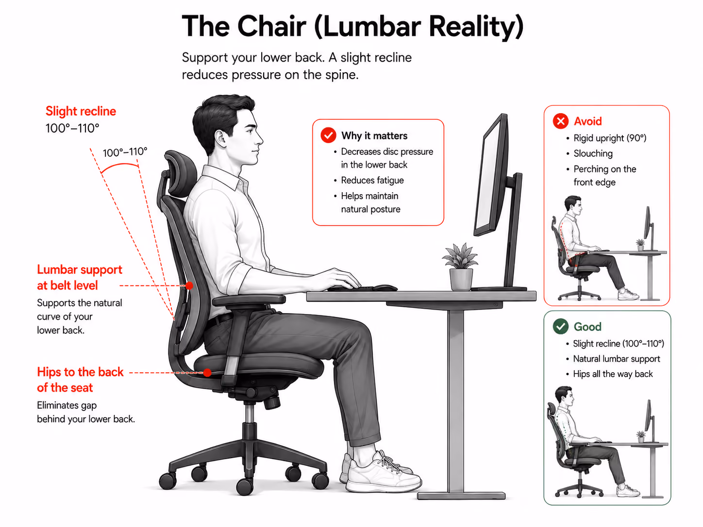 Ergonomic chair with lumbar support meeting the natural curve of the lower back.