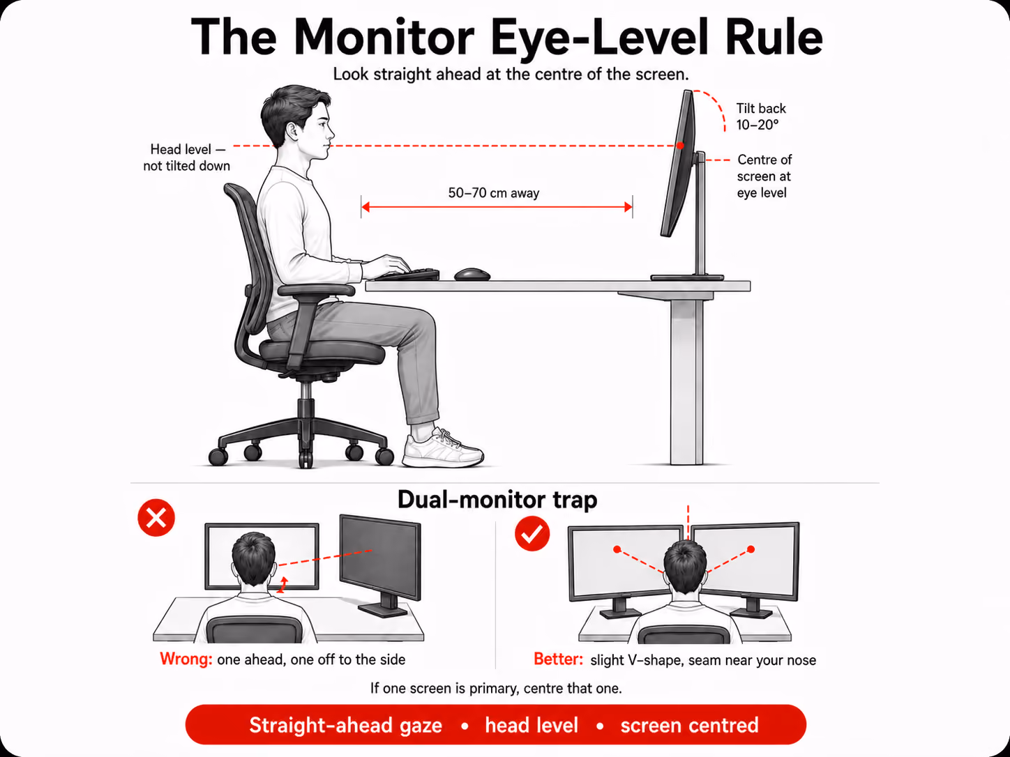 Correct monitor position: screen centre at eye level, arm's length away, head level.
