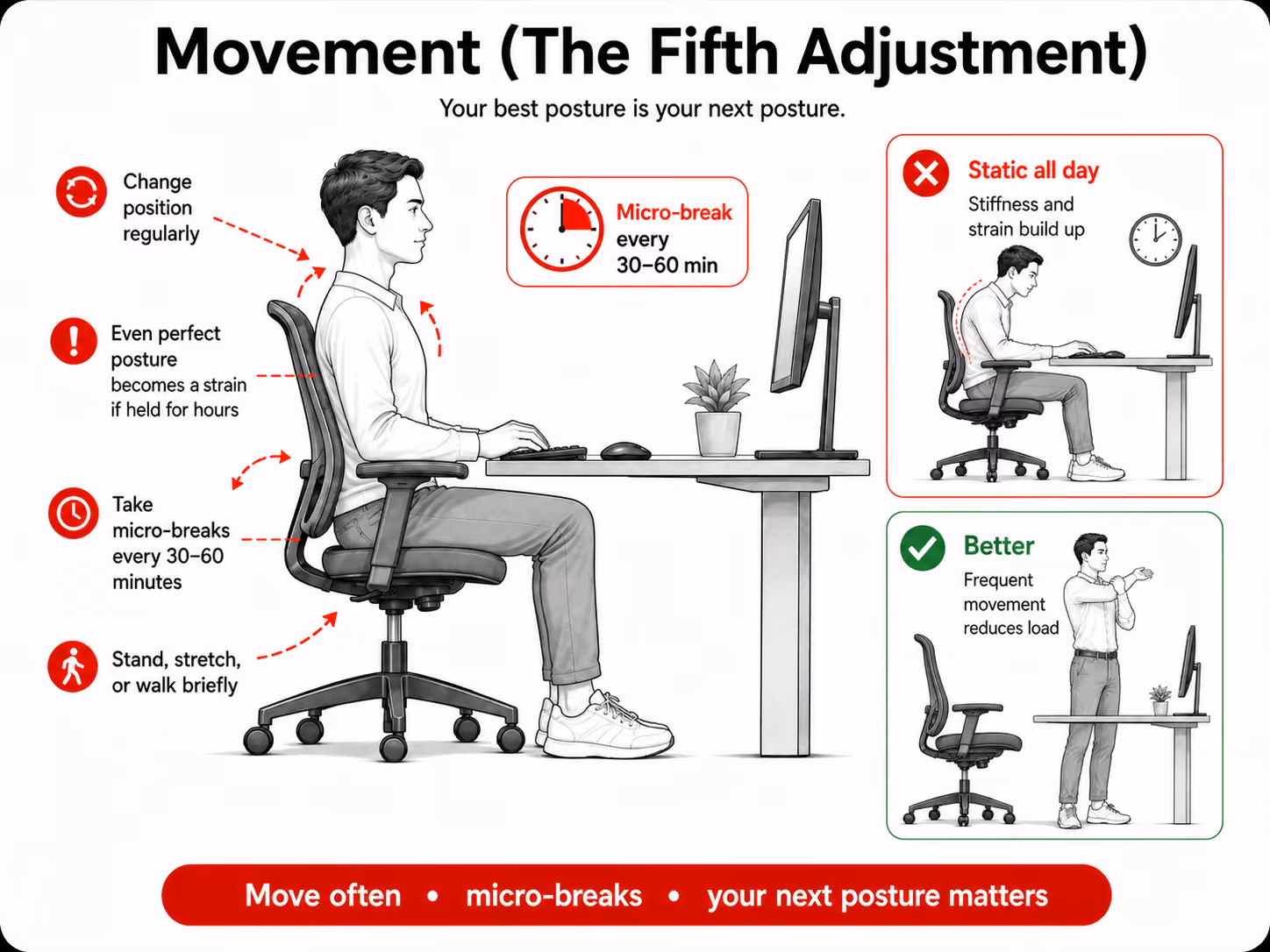 Taking a movement break at a desk to interrupt prolonged static posture.