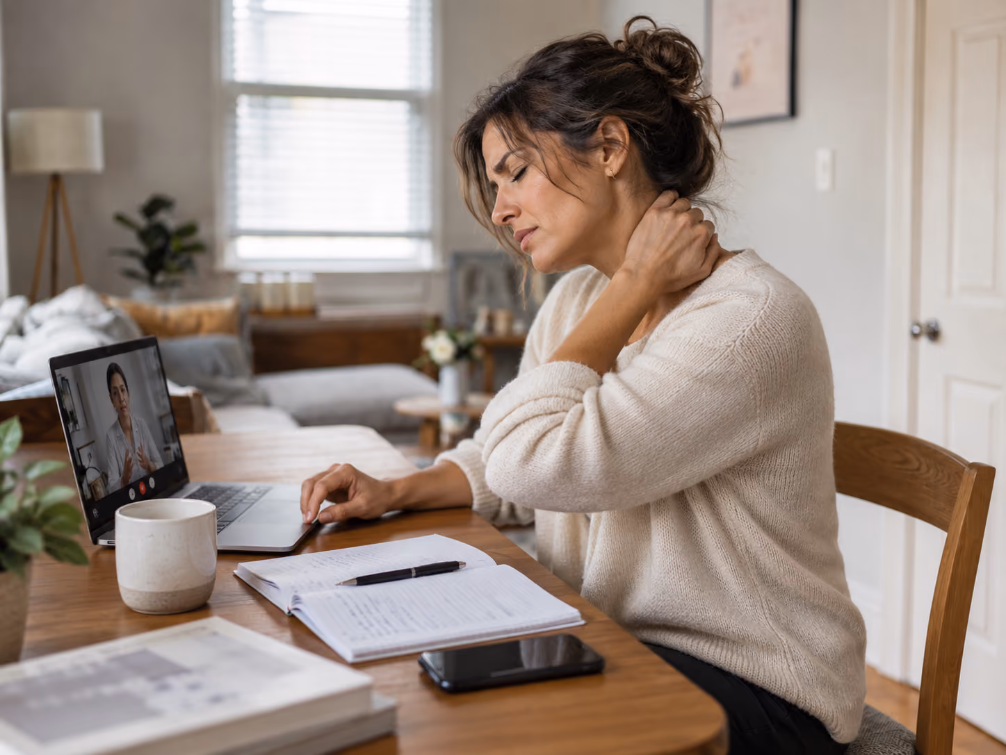 Woman working from home at a dining table with neck pain from a non-ergonomic hybrid-work setup.