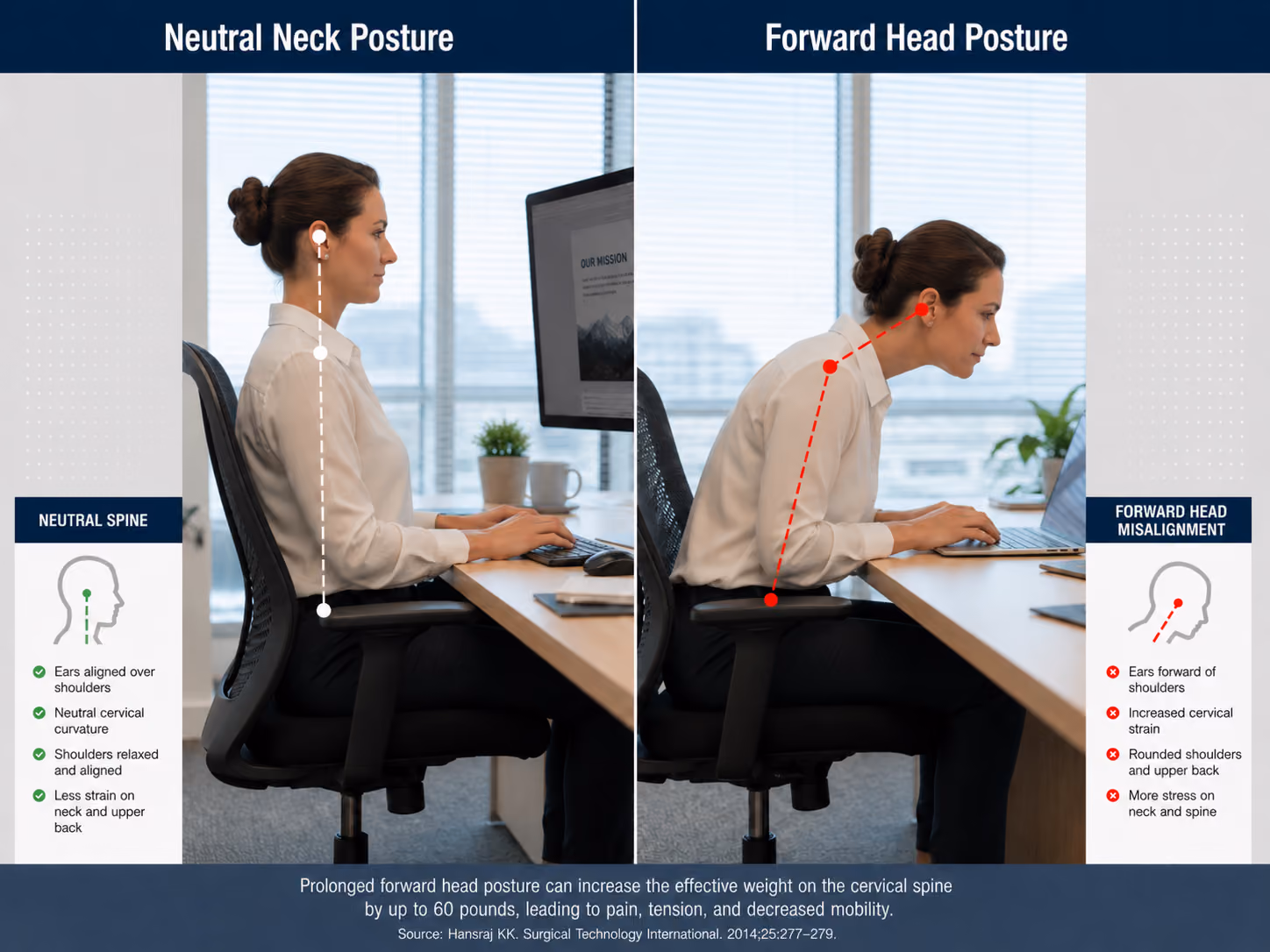 Comparison of a neutral neck posture versus forward head posture that flattens the cervical curve.