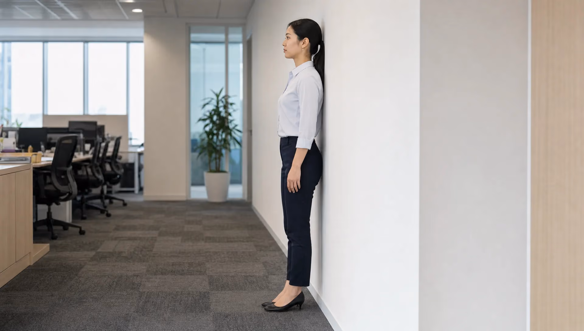 An office worker doing the wall test to check for forward head posture.