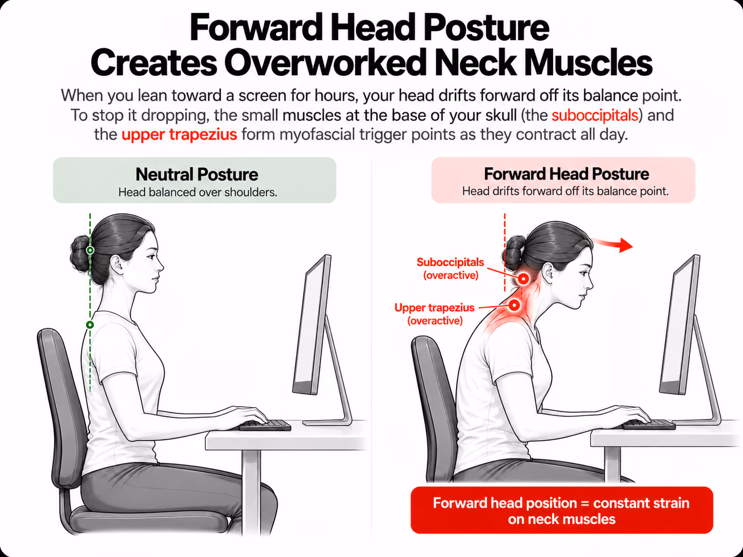 Forward head posture makes the muscles at the base of the skull overwork and refer pain into the head.