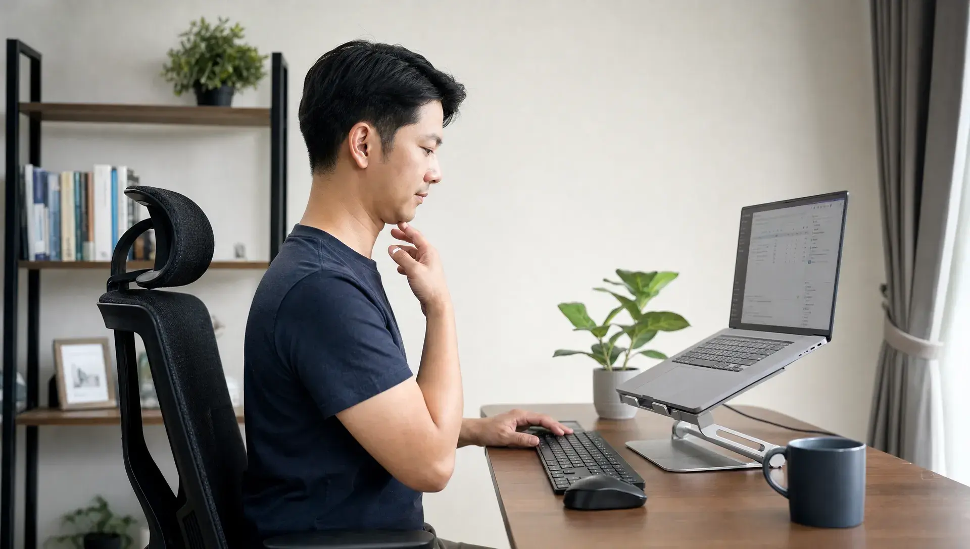 Remote worker doing a gentle chin tuck exercise beside a raised laptop screen to ease neck stiffness