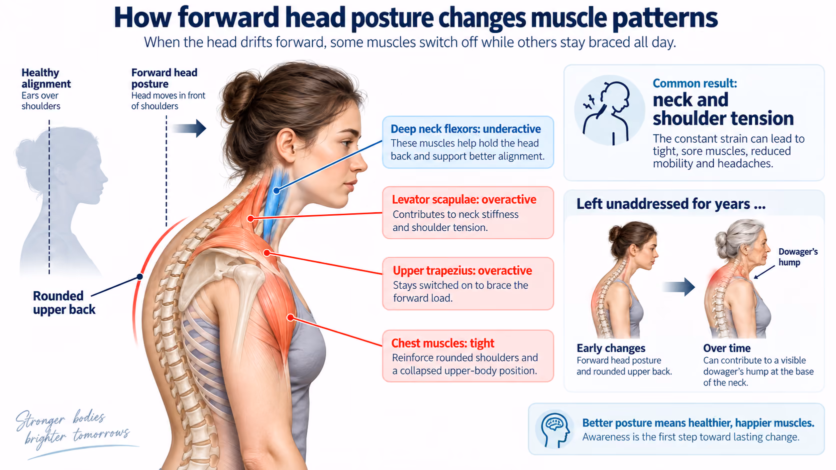 Muscle imbalance of forward head posture: weak deep neck flexors and tight upper trapezius and chest (tech neck)