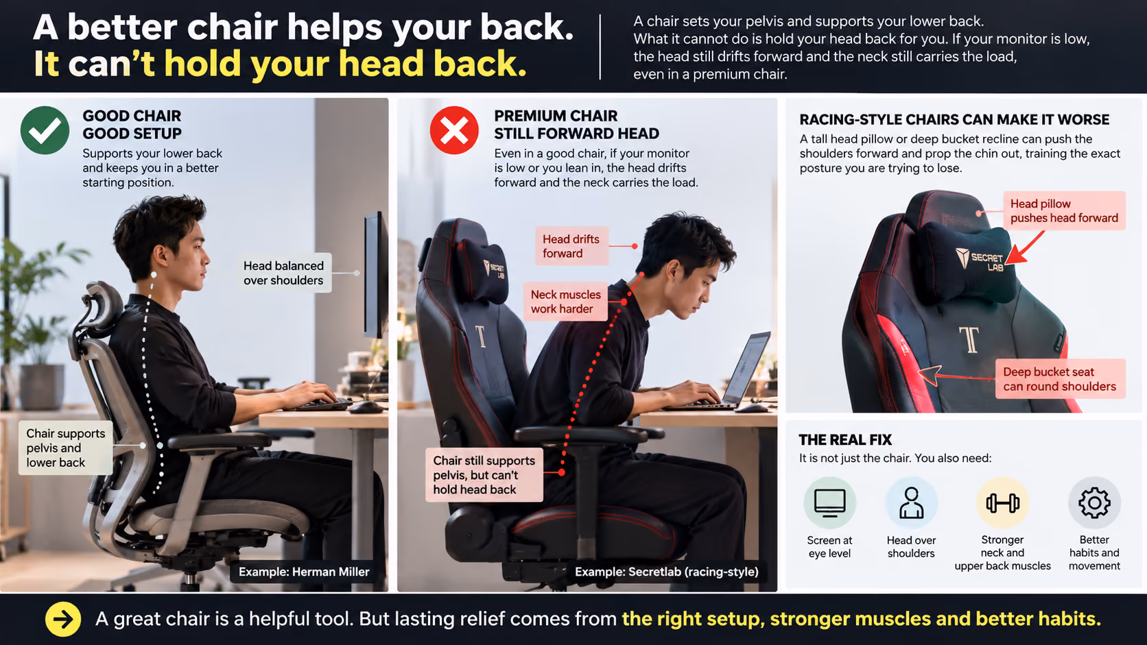 Why an expensive ergonomic gaming chair does not correct forward head posture or a lost neck curve