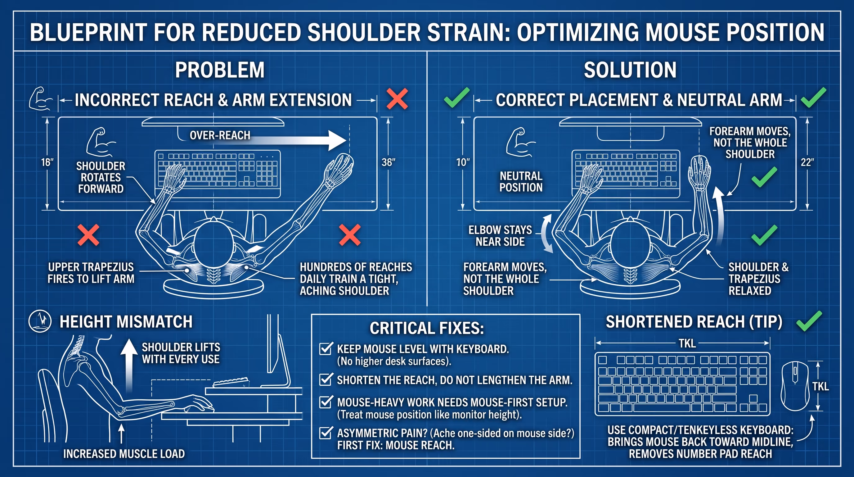 Shoulder strain from reaching for a mouse placed away from the keyboard, loading the upper trapezius