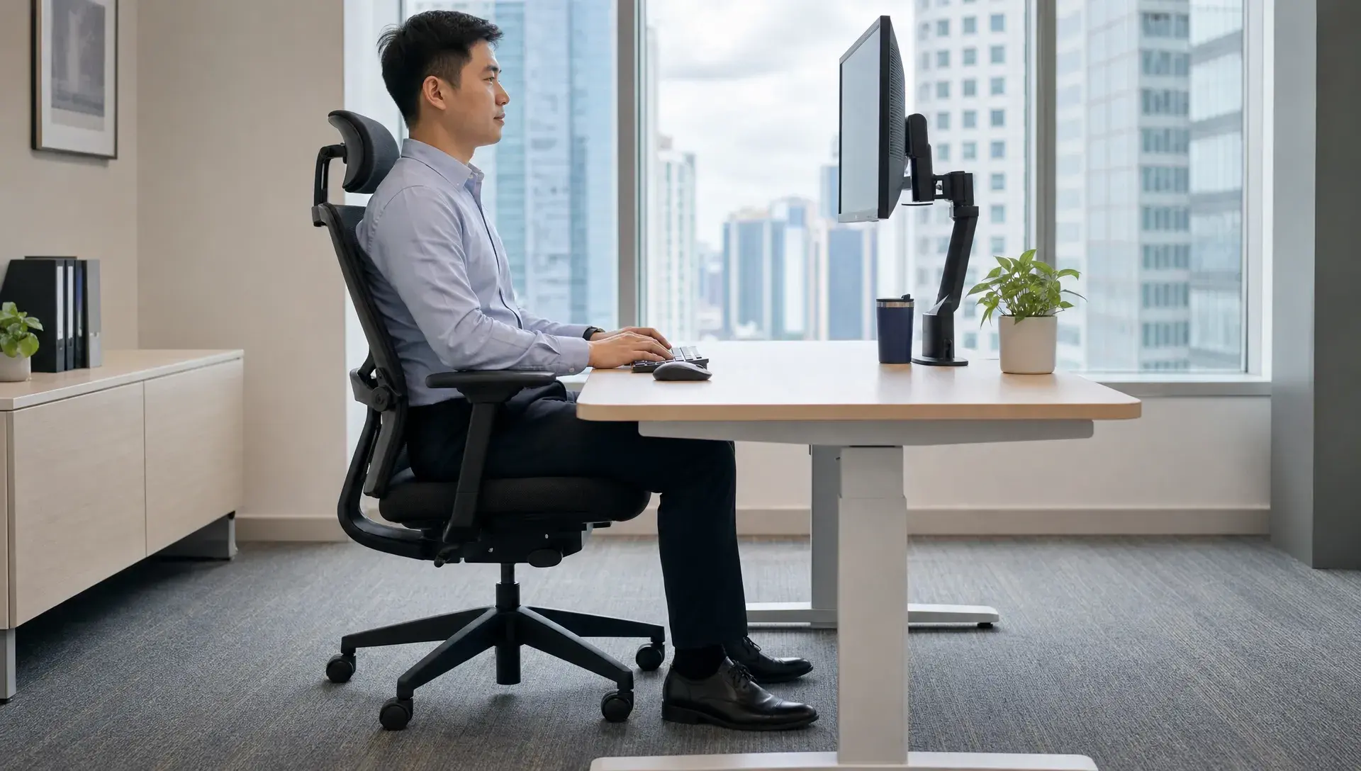 Singapore office workstation with an adjustable chair, raised monitor, and keyboard and mouse kept close