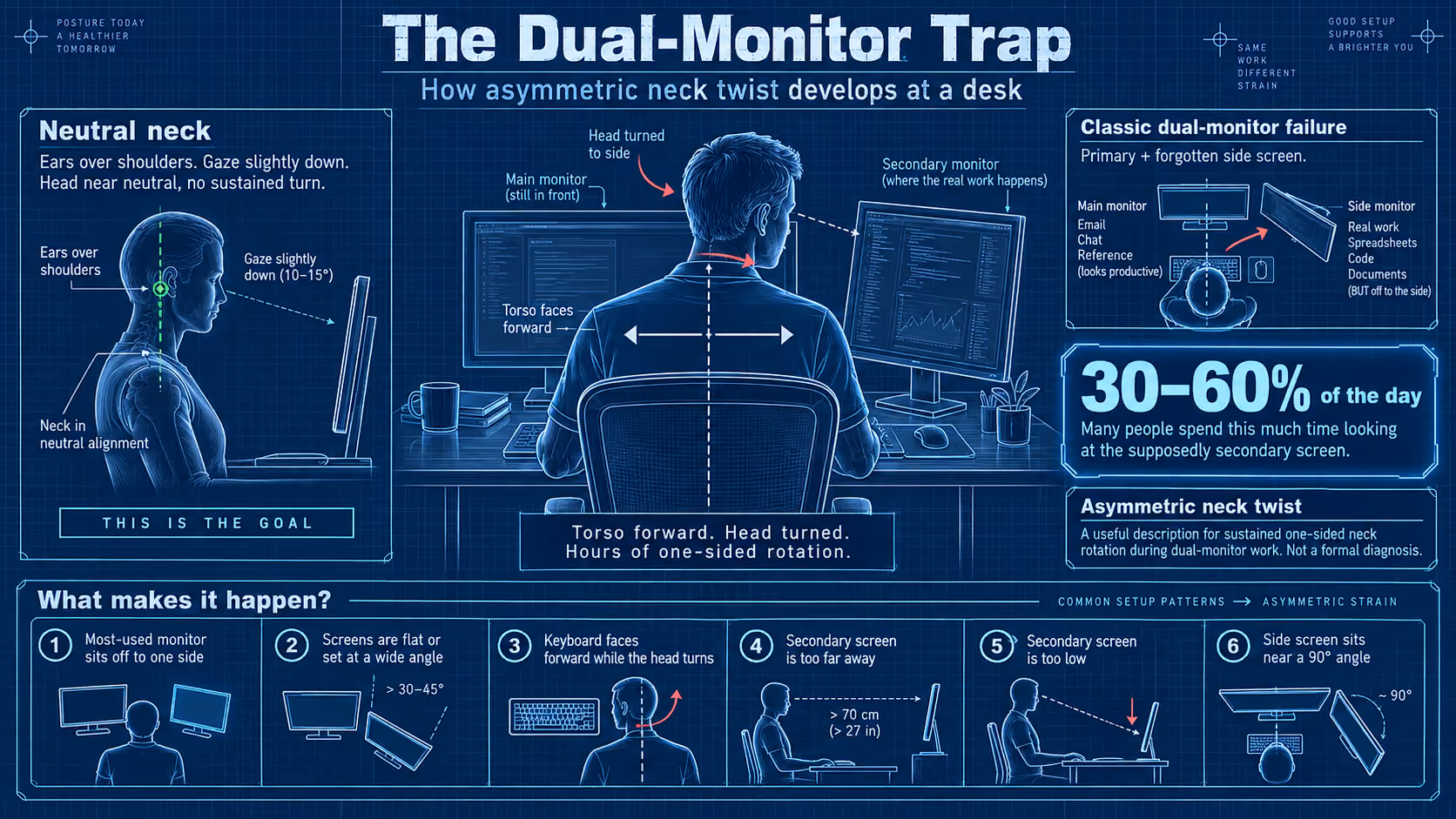 Asymmetric neck twist from a dual-monitor setup: torso faces forward while the head stays turned toward an off-center side screen